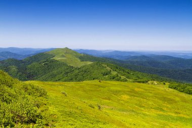 Dağlar manzaralı. Bieszczady Ulusal Parkı 'ndaki çayır ve orman manzarası. Karpat Dağları manzarası, Polonya. Bieszczady, Catpathian dağlarının bir parçası olan Beskid dağlarının bir parçasıdır..