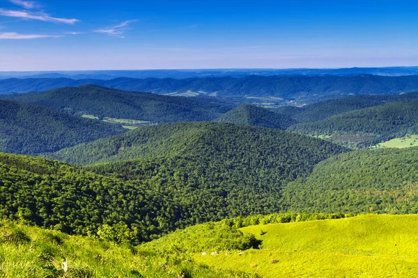 Mountains scenery. Panorama of grassland and forest in Bieszczady National Park. Carpathian mountains landscape, Poland. Bieszczady are part of Beskid mountains which a part of Catpathian mountains.