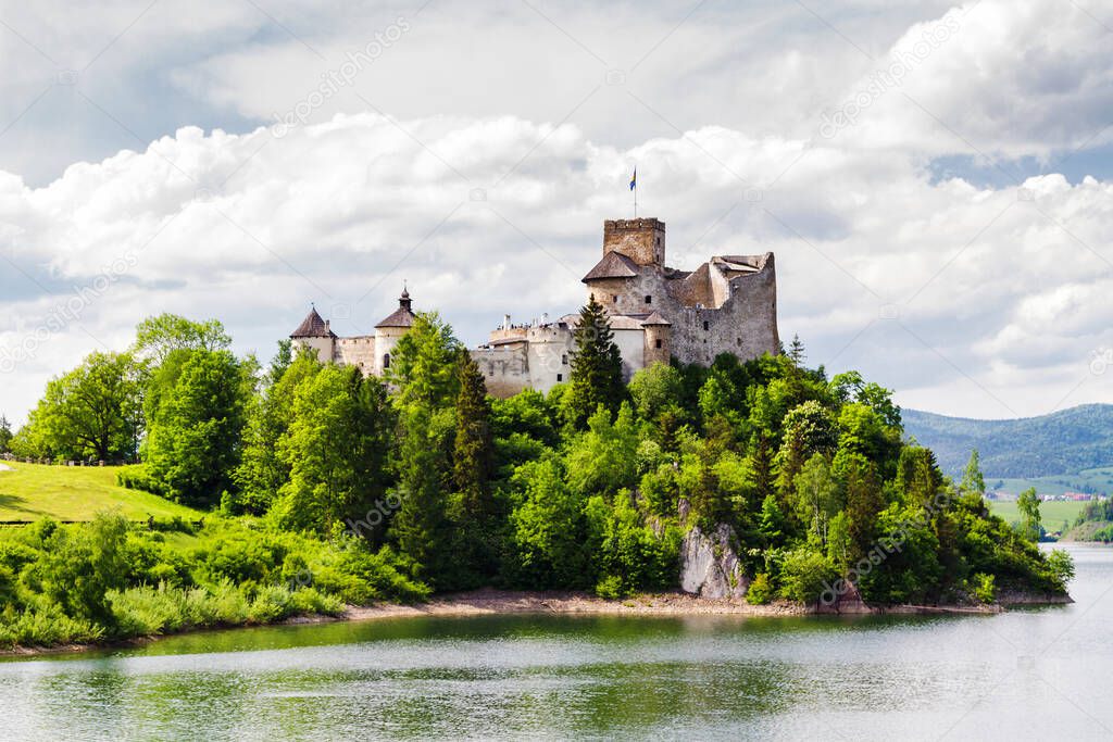 Medieval castle view lake sunny day, Niedzica, Pieniny Mountains, Poland