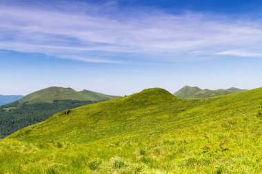 Dağlar manzaralı. Bieszczady Ulusal Parkı 'ndaki çayır ve orman manzarası. Karpat Dağları manzarası, Polonya. Bieszczady, Catpathian dağlarının bir parçası olan Beskid dağlarının bir parçasıdır..