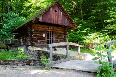 Polonya 'nın Krosno kentindeki açık hava etnografi müzesinde eski bir ahşap kulübe. Miras parkı ormanın yanında yer alır ve geçen yüzyıllardan tipik bir Polonya köyüne göç eder..