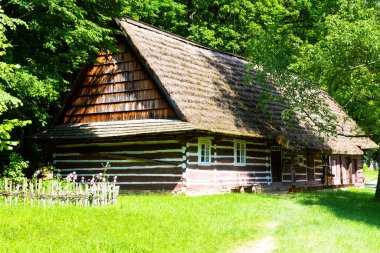 Polonya 'nın Krosno kentindeki açık hava etnografi müzesinde eski bir ahşap kulübe. Miras parkı ormanın yanında yer alır ve geçen yüzyıllardan tipik bir Polonya köyüne göç eder..
