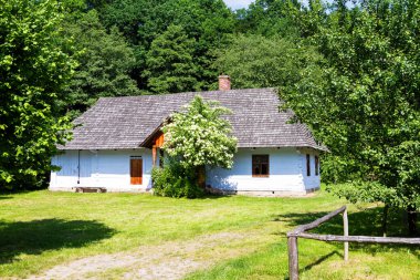 Polonya 'nın Krosno kentindeki açık hava etnografi müzesinde eski bir ahşap kulübe. Miras parkı ormanın yanında yer alır ve geçen yüzyıllardan tipik bir Polonya köyüne göç eder..