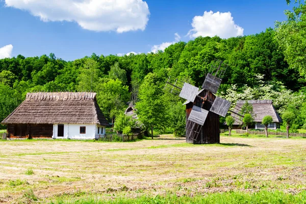 Heriatege parkındaki eski ahşap yel değirmeni, Krosno, Polonya