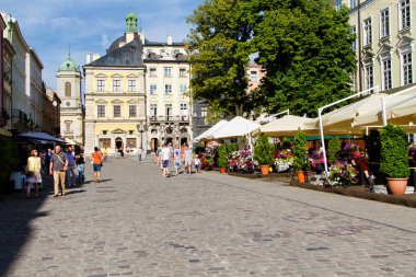 LVIV, UKRAINE - 18 Haziran 2015: Lviv Meydanı 'nın merkezi meydanı