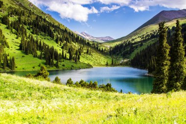 Kazakistan 'daki yüksek dağ gölü Kolsai' nin güzel manzarası, Tien Shan dağları, Orta Asya
