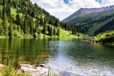 Kazakistan 'daki yüksek dağ gölü Kolsai' nin güzel manzarası, Tien Shan dağları, Orta Asya