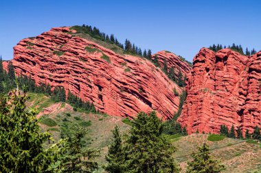 Jety Oğuz, Tien Shan dağları, Kırgızistan, Orta Asya 'da Yedi Boğa adı verilen kırmızı kaya oluşumları.