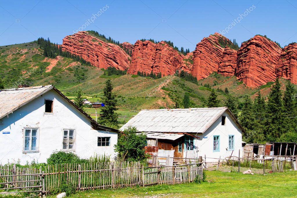 Red rock formations called Seven Bulls in Jety Oguz, Tien Shan mountains, Kyrgyzstan, Central Asia