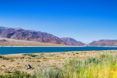 Kırgızistan, Orta Asya 'da Kochkor ve Naryn yakınlarında bir dağ gölü olan güzel bir manzara.