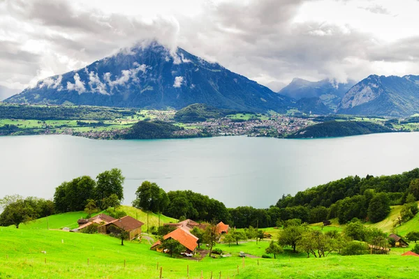 İsviçre 'deki bir Thun Gölü' nün panoramik görüntüsü