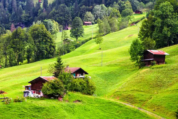 Drewniane Domy Pośród Alp Szwajcarskich — Zdjęcie stockowe