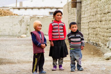 KARAKUL, TAJIKISTAN - 29 Temmuz 2015 'te Bolonkul köyündeki çocuklar, Pamir, Tacikistan. Bolonkul dünyanın en yüksek göllerinden biridir..