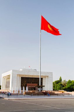 BISHKEK, KYRGYZSTAN - 18 Temmuz 2015: Ala-Too Square. Bishkek, Kırgız Cumhuriyeti 'nin başkenti ve en büyük şehridir. Nüfus: 900.000 kişi. Tarihi bayrak