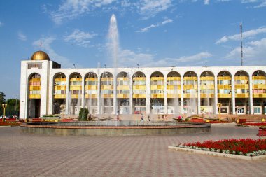 Bişkek, Kırgızistan, Orta Asya 'da güneşli bir günde çiçeklerle çok kare.