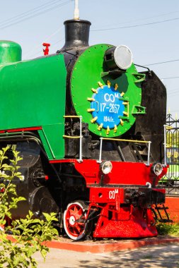 Taşkent demiryolu müzesindeki eski buhar treni, Özbekistan, Orta Asya