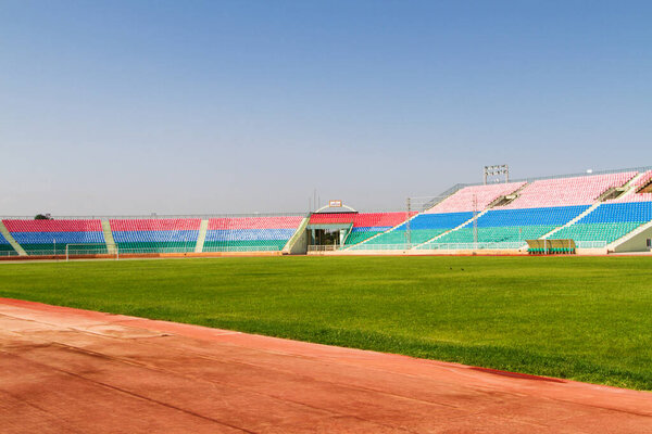 KHUJAND, TAJIKISTAN - AUGUST 7, 2015: Football stadium in Khujand, Tajikistan