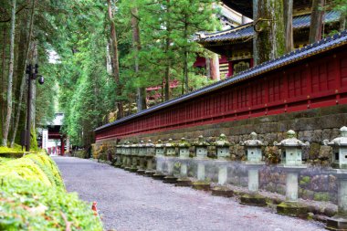 Nikko, Japonya - UNESCO Dünya Mirası Alanı. Tosho-gu Shinto tapınağının bir parçası, geleneksel taş fenerler..