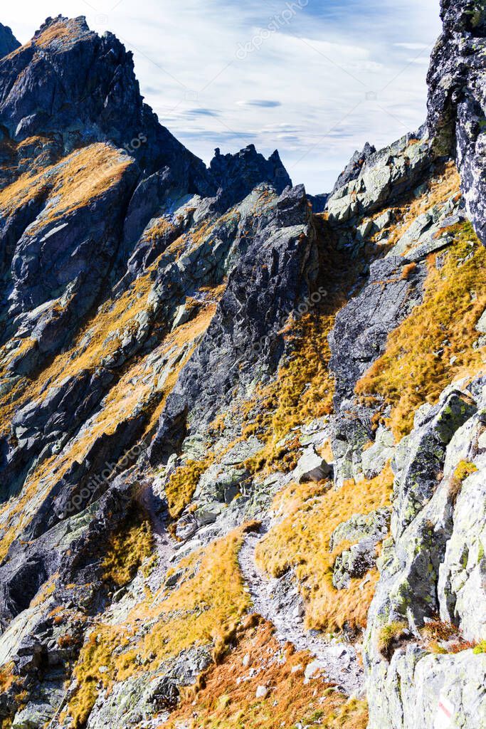 The most difficult trail Orla Perc(Eagle's Path) in high Tatras,  Tatra mountains National Park, Poland