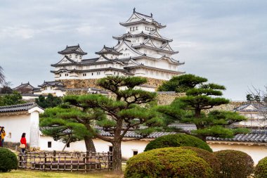 HIMEJI, JAPONYA - 15 Kasım 2015: Himeji Şatosu, Himeji City Skyline Şehir Manzarası. Himeji Kalesi ilk olarak Akamatsu Norimura tarafından 1333 yılında inşa edilmiştir. Japonya 'nın en büyük ve en çok ziyaret edilen kalesidir..
