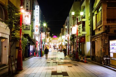 TOKYO - NOVEMBER 22, 2015: Asakusa bölgesinde 22 Kasım 2015 'te Asakusa, Tokyo' daki Senso-ji Tapınağı yakınlarında yürüyen bir alışveriş caddesi.
