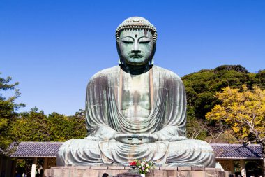 Kamakura Büyük Buda (Kamakura Daibutsu), Kotokuin Tapınağı, Kamakura, Kanagawa, Japonya 'da Amida Buddha' nın bronz bir heykeli.