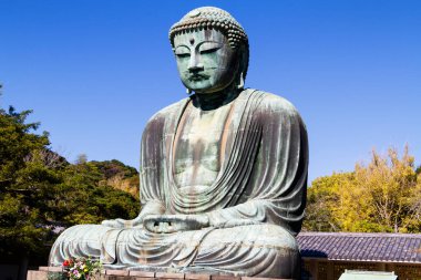 Kamakura Büyük Buda (Kamakura Daibutsu), Kotokuin Tapınağı, Kamakura, Kanagawa, Japonya 'da Amida Buddha' nın bronz bir heykeli.