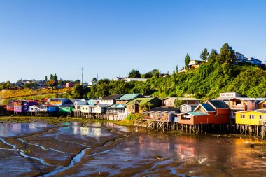 Palafito, Castro, Chiloe Adası, Patagonya, Şili 'deki tesislerde yaşıyor.