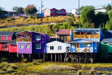 Palafito, Castro, Chiloe Adası, Patagonya, Şili 'deki tesislerde yaşıyor.