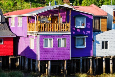 Palafito, Castro, Chiloe Adası, Patagonya, Şili 'deki tesislerde yaşıyor.