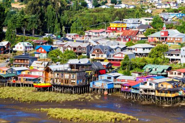 Palafito, Castro, Chiloe Adası, Patagonya, Şili 'deki tesislerde yaşıyor.