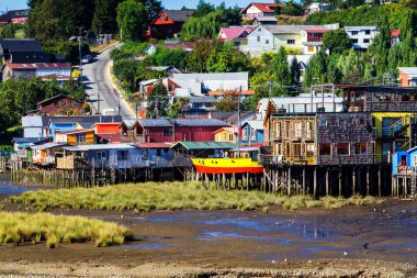 Palafito, Castro, Chiloe Adası, Patagonya, Şili 'deki tesislerde yaşıyor.