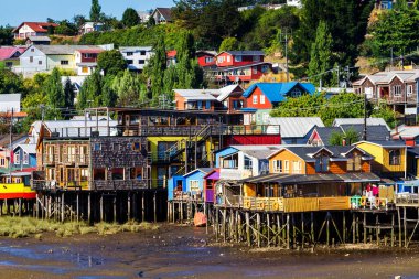 Palafito, Castro, Chiloe Adası, Patagonya, Şili 'deki tesislerde yaşıyor.