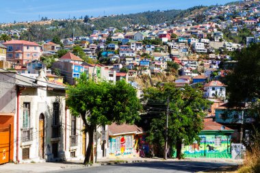 Şili 'nin Valparaiso kentindeki UNESCO Dünya Mirası' nın tepelerindeki renkli binalar