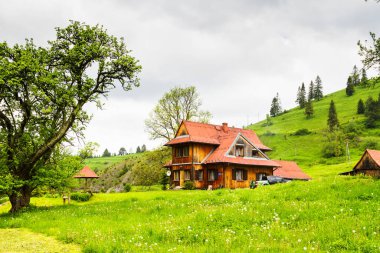 JAWORKI, POLAND - 20 Mayıs 2016: Polonya 'nın Pieniny dağlarındaki dağlarda eski, eski, ahşap geleneksel ev
