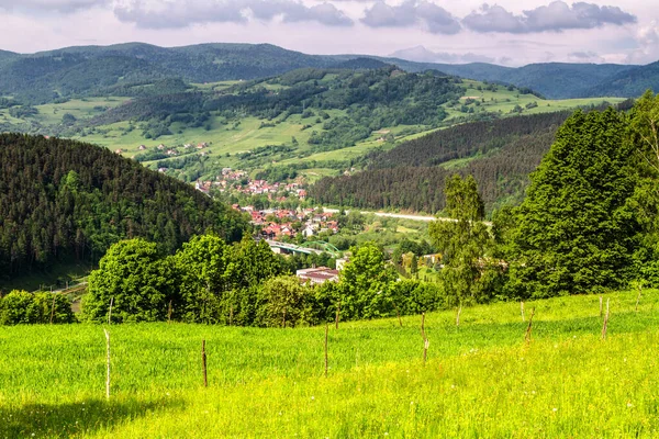 Blick Auf Die Polnische Stadt Piwniczna Zdroj Von Den Beskiden — Stockfoto