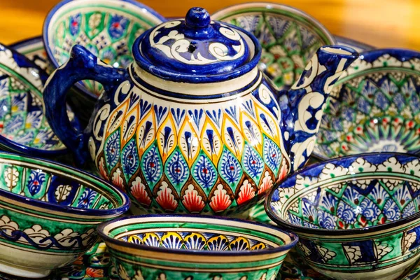 Traditionella Uzbekiska Tallrikar Och Rätter Uzbekistan Centralasien Silk Road Country — Stockfoto