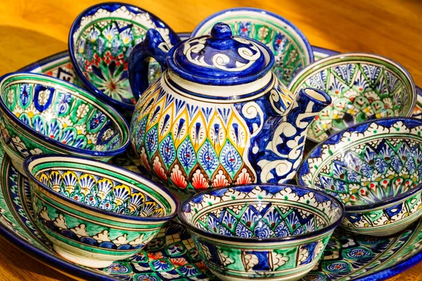 Traditionella Uzbekiska Tallrikar Och Rätter Uzbekistan Centralasien Silk Road Country — Stockfoto