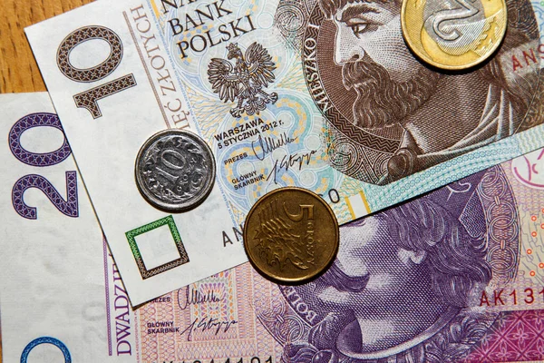 背景上孤立的一套波兰货币 纸币和硬币 — 图库照片
