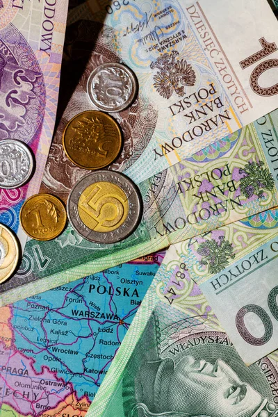 Conjunto Dinheiro Polaco Notas Moedas Sobre Fundo Mapa Polônia Varsóvia — Fotografia de Stock