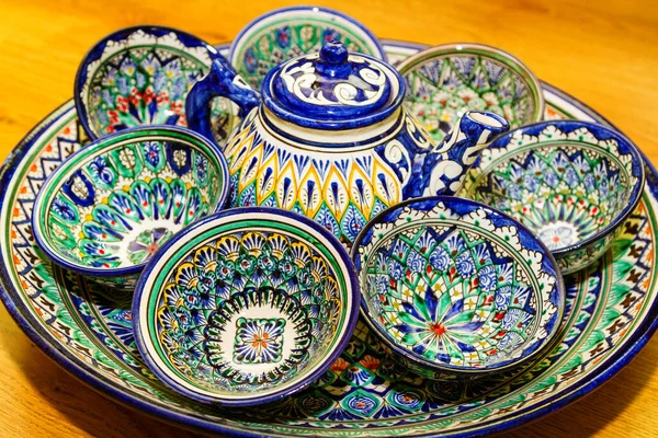 Traditionella Uzbekiska Tallrikar Och Rätter Uzbekistan Centralasien Silk Road Country — Stockfoto