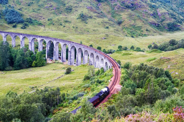 렌피넌 Glenfinnan Railway Viaduct 자코바이트 기관차가 지나가는 스코틀랜드의 철도이다 — 스톡 사진