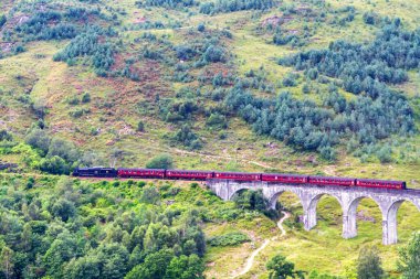İskoçya 'daki Glenfinnan Demiryolu Viyadük' ü Jakobit buharlı treni geçiyor. Birleşik Krallık