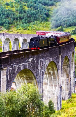 İskoçya 'daki Glenfinnan Demiryolu Viyadük' ü Jakobit buharlı treni geçiyor. Birleşik Krallık