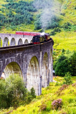 İskoçya 'daki Glenfinnan Demiryolu Viyadük' ü Jakobit buharlı treni geçiyor. Birleşik Krallık