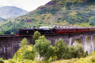 GLENFINNAN, SCOTLAND - 20 Ağustos 2016: Glenfinnan Demiryolu Viaduct İskoçya 'da Jakobit buharlı treni İngiltere' den geçiyor
