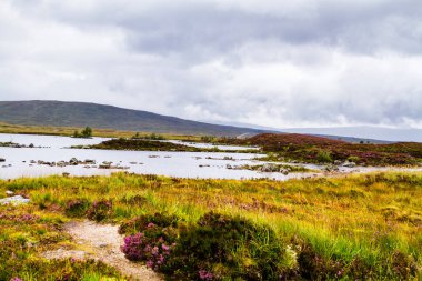 İskoçya, Higlands 'teki Orchy Köprüsü ve Achallader yakınlarındaki Kara Dağ' ın panoramik manzarası. Büyük Britanya, İngiltere