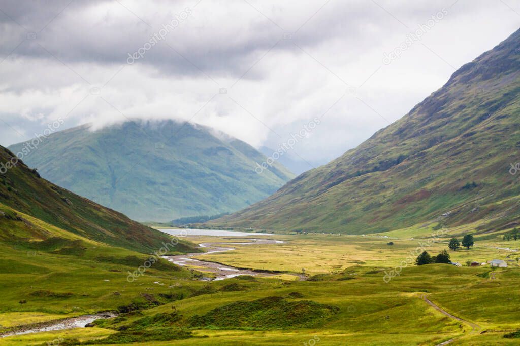 Glencoe or Glen Coe mountains and pass, panoramic view landscape in Lochaber, Scottish Higlands, Scotland. Great Britain, UK