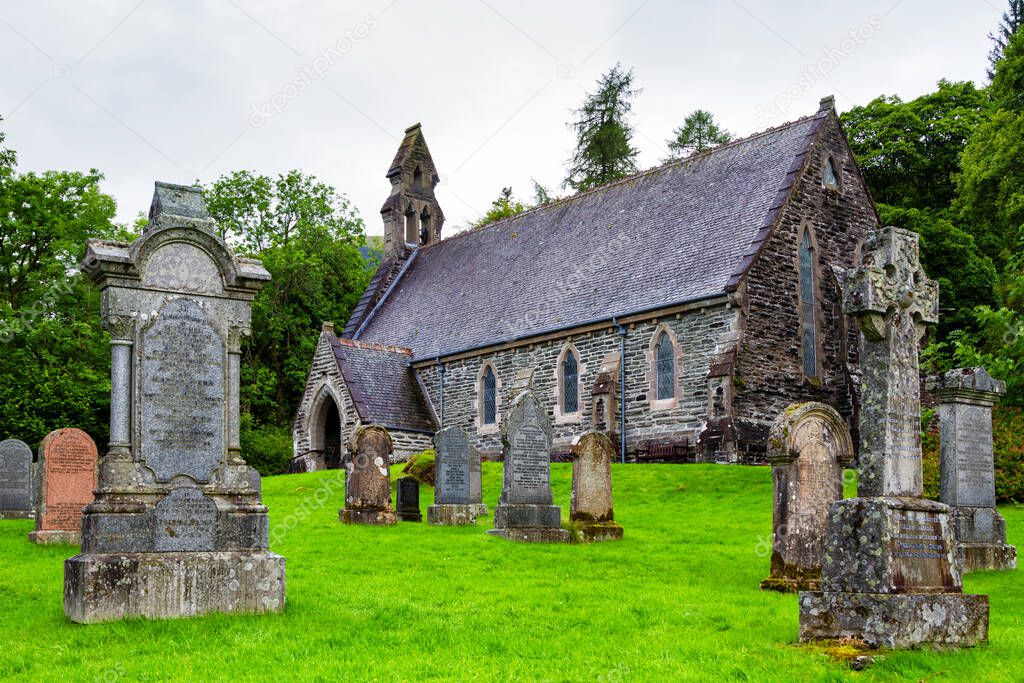 Historic Balquhidder cemetery, the final resting place of the famous Scottish folk hero Rob Roy MacGregor. Scotland, United Kingdom