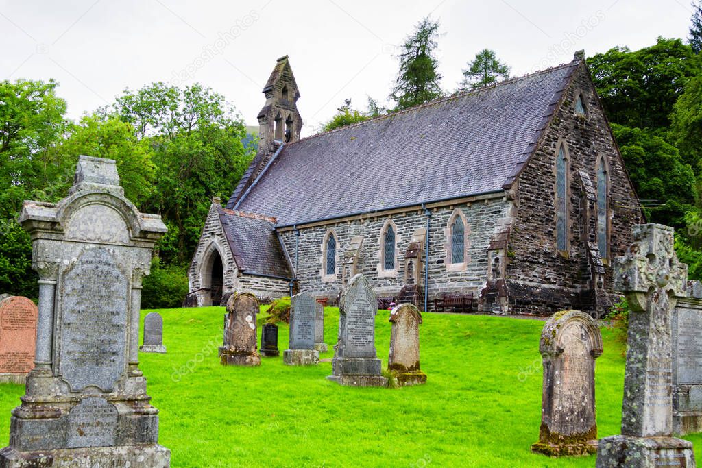 Historic Balquhidder cemetery, the final resting place of the famous Scottish folk hero Rob Roy MacGregor. Scotland, United Kingdom